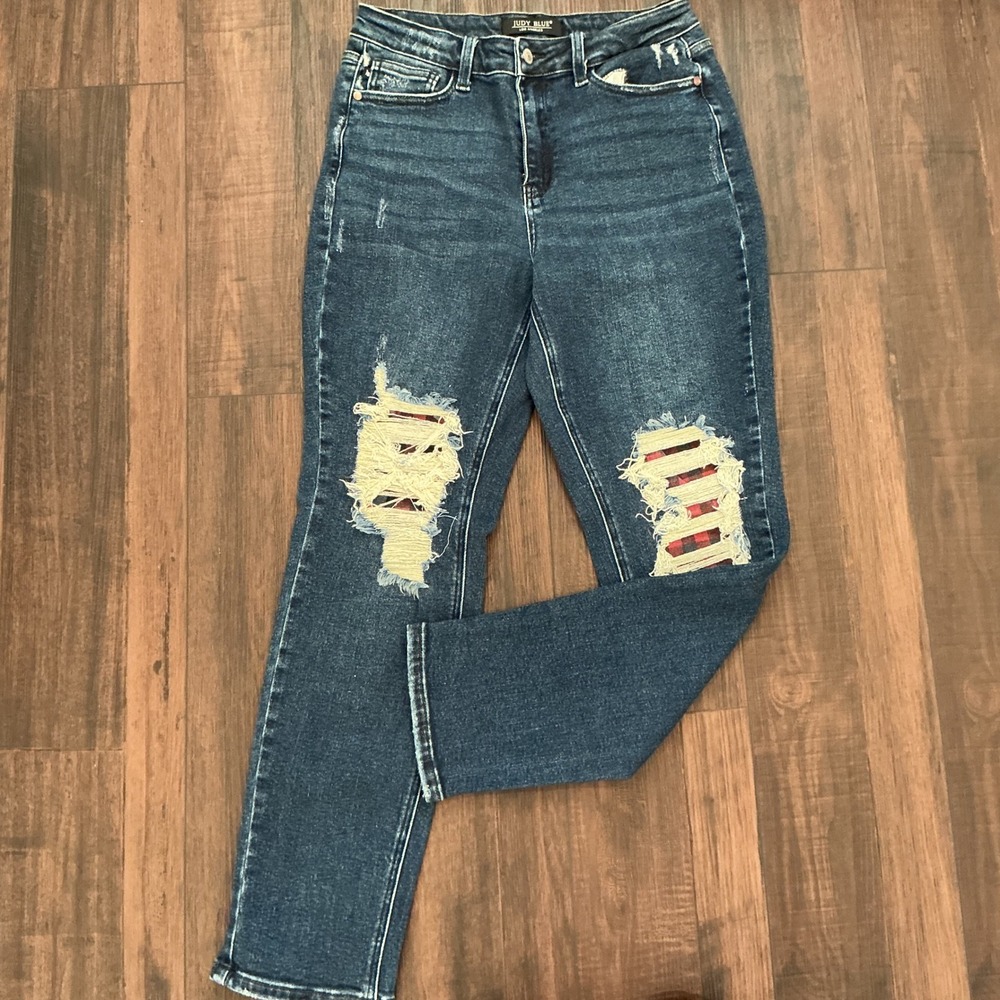 Judy Blue Boyfriend Jeans Blue Distressed Plaid Patch Denim 9/29